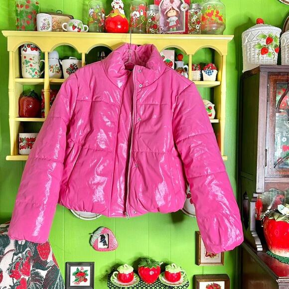 cute bubble gum coquettecore pink plus size shiny puffy puffer coat jacket - Picture 1 of 7